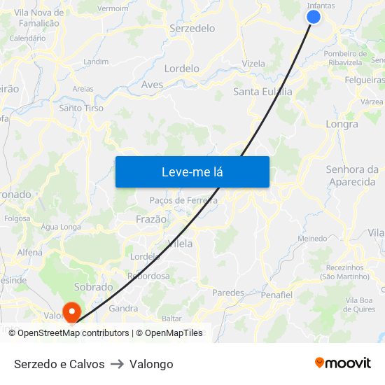 Serzedo e Calvos to Valongo map