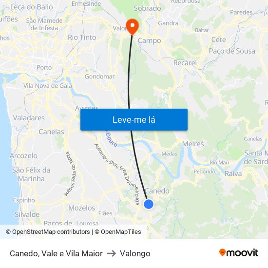 Canedo, Vale e Vila Maior to Valongo map