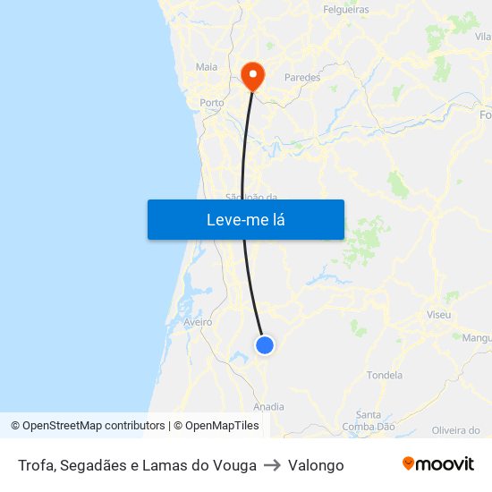 Trofa, Segadães e Lamas do Vouga to Valongo map