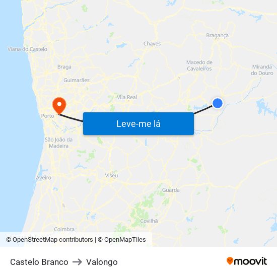 Castelo Branco to Valongo map