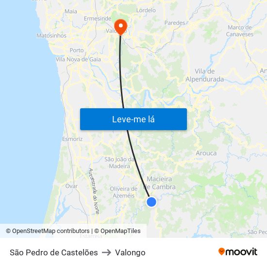 São Pedro de Castelões to Valongo map