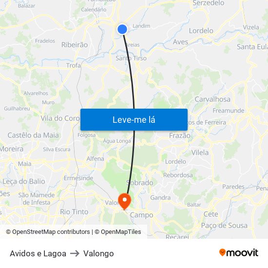 Avidos e Lagoa to Valongo map