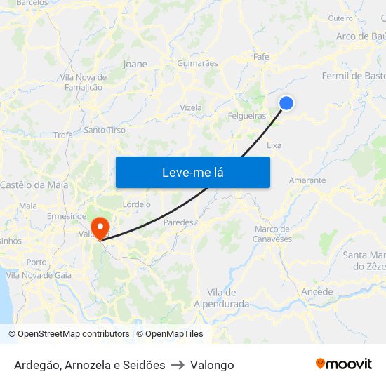 Ardegão, Arnozela e Seidões to Valongo map