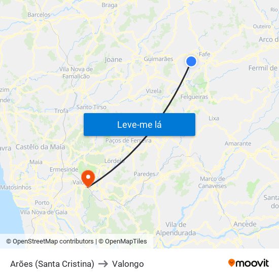 Arões (Santa Cristina) to Valongo map