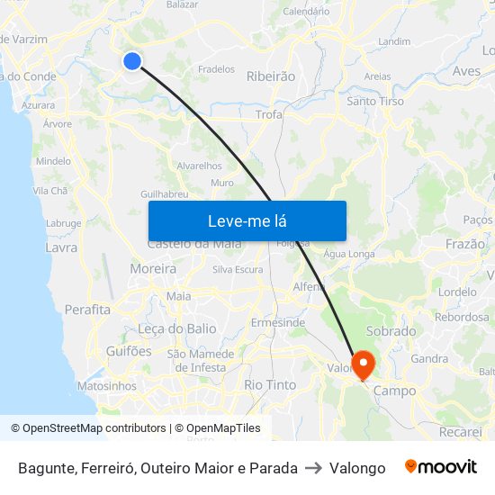Bagunte, Ferreiró, Outeiro Maior e Parada to Valongo map