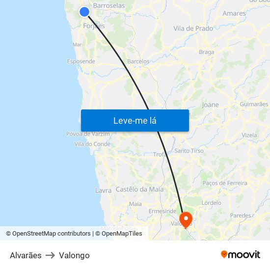 Alvarães to Valongo map