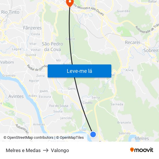 Melres e Medas to Valongo map