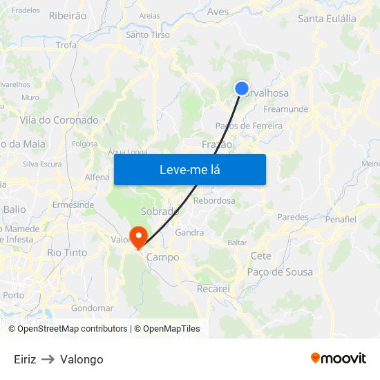 Eiriz to Valongo map
