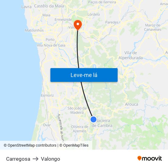 Carregosa to Valongo map