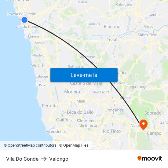 Vila Do Conde to Valongo map