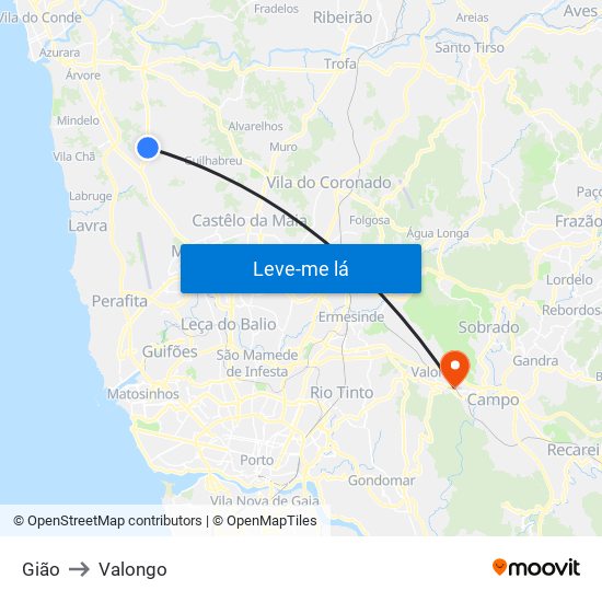 Gião to Valongo map
