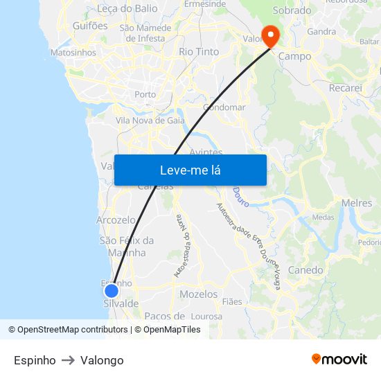 Espinho to Valongo map