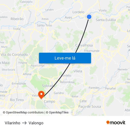 Vilarinho to Valongo map