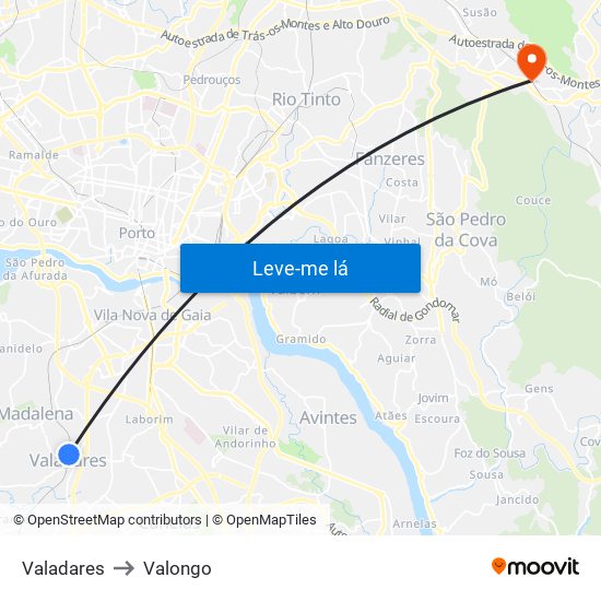 Valadares to Valongo map