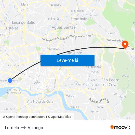 Lordelo to Valongo map