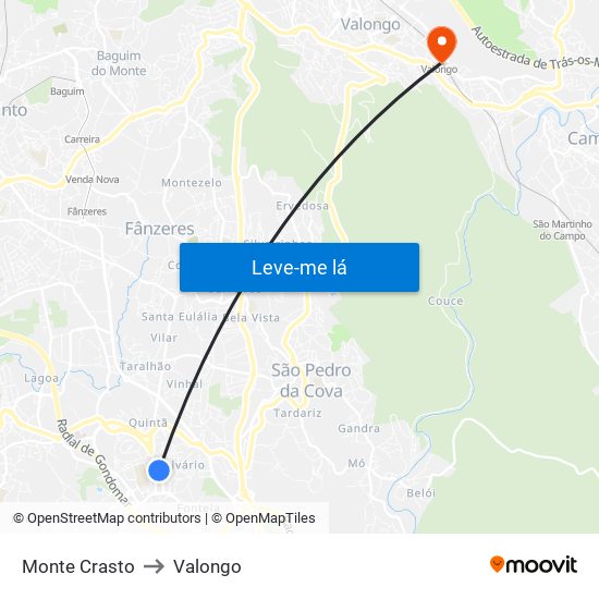 Monte Crasto to Valongo map