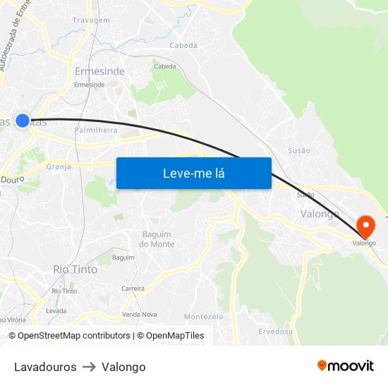 Lavadouros to Valongo map