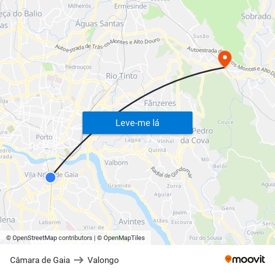 Câmara de Gaia to Valongo map