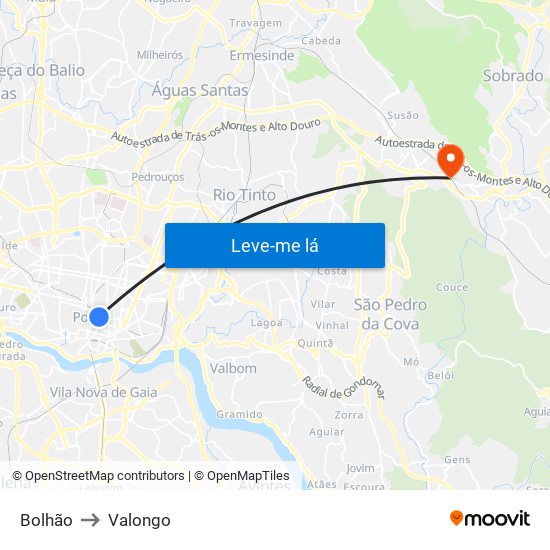Bolhão to Valongo map