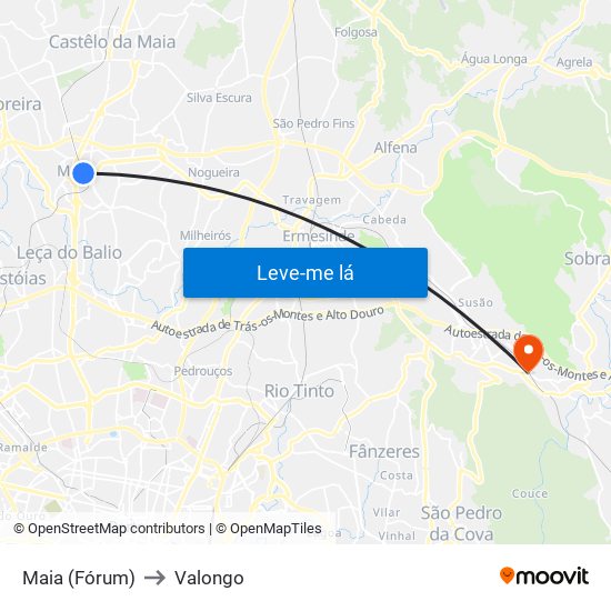 Maia (Fórum) to Valongo map