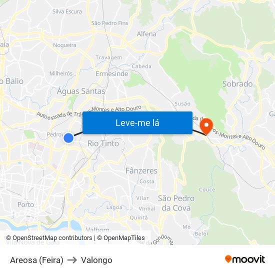 Areosa (Feira) to Valongo map