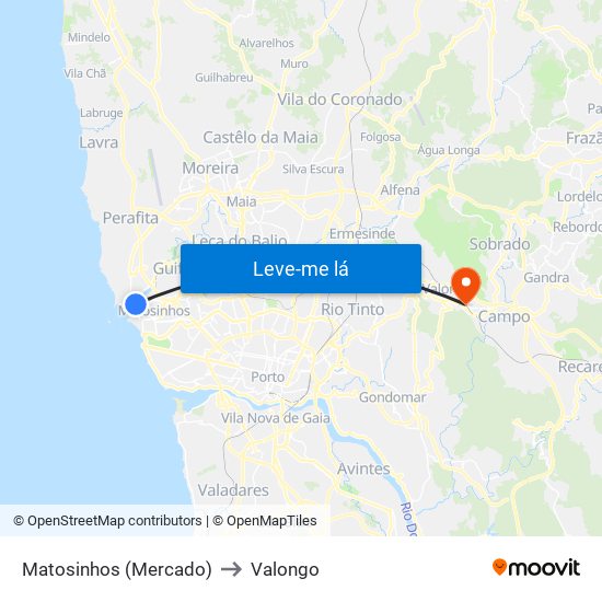 Matosinhos (Mercado) to Valongo map