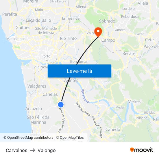 Carvalhos to Valongo map