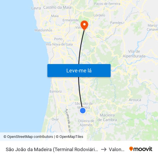 São João da Madeira (Terminal Rodoviário) to Valongo map