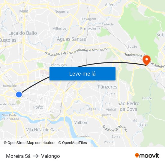 Moreira Sá to Valongo map