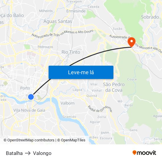 Batalha to Valongo map
