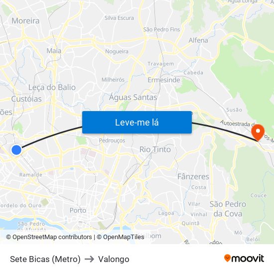 Sete Bicas (Metro) to Valongo map