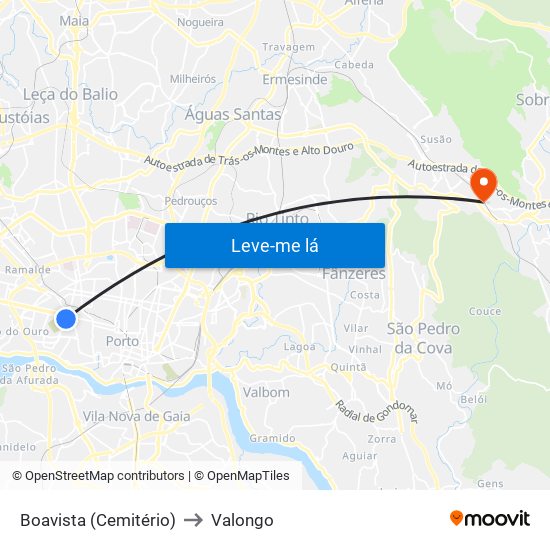 Boavista (Cemitério) to Valongo map