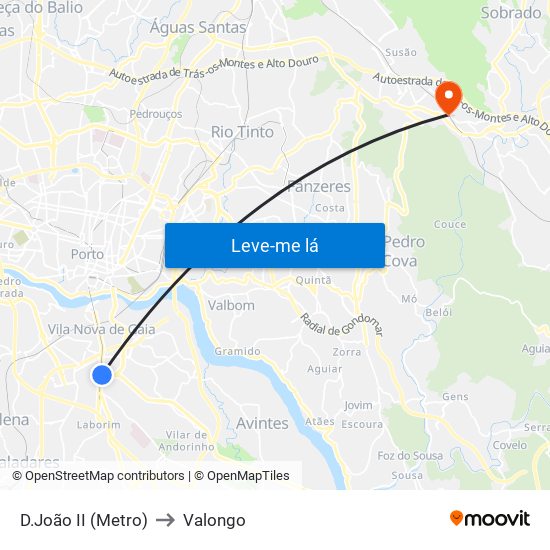 D.João II (Metro) to Valongo map