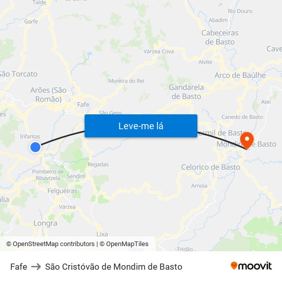 Fafe to São Cristóvão de Mondim de Basto map