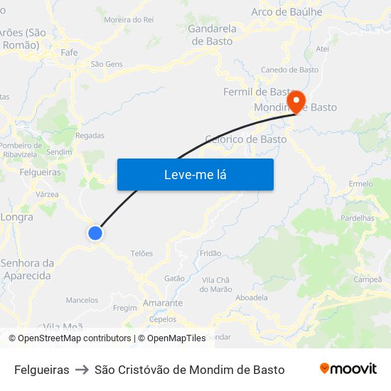 Felgueiras to São Cristóvão de Mondim de Basto map