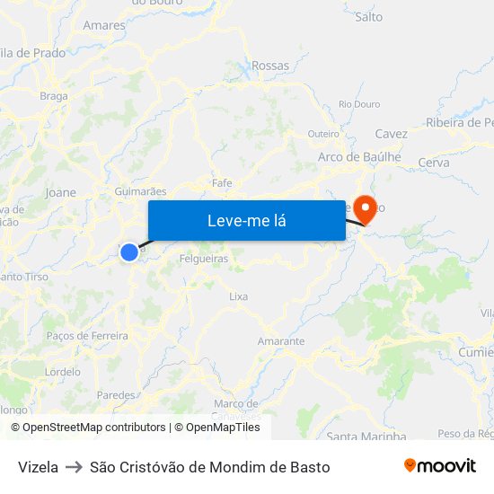 Vizela to São Cristóvão de Mondim de Basto map