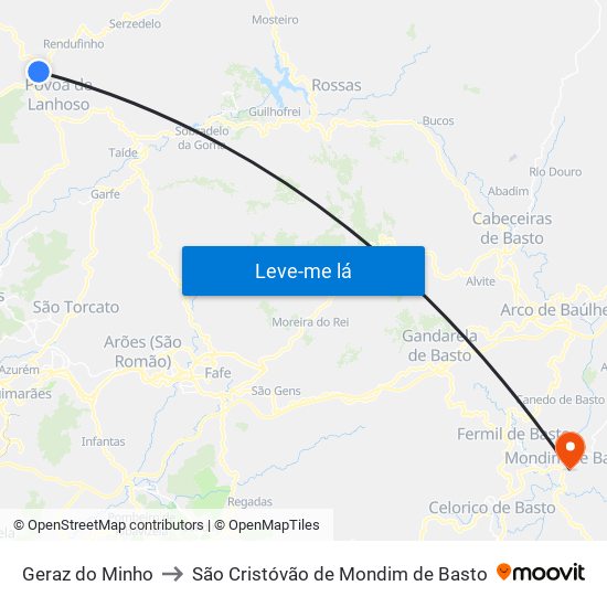 Geraz do Minho to São Cristóvão de Mondim de Basto map