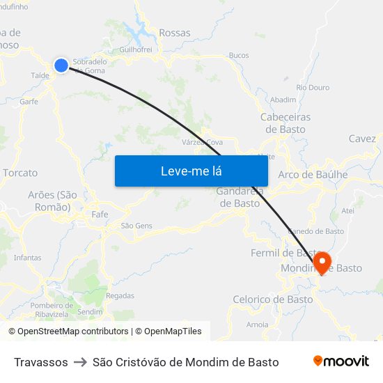 Travassos to São Cristóvão de Mondim de Basto map