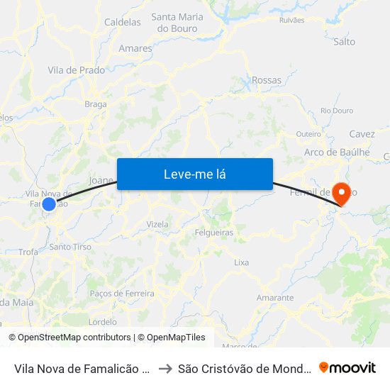 Vila Nova de Famalicão e Calendário to São Cristóvão de Mondim de Basto map
