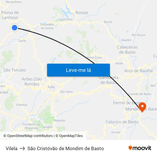 Vilela to São Cristóvão de Mondim de Basto map