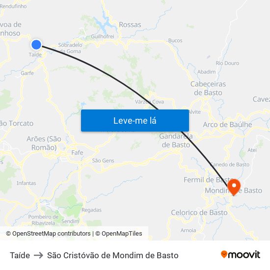 Taíde to São Cristóvão de Mondim de Basto map