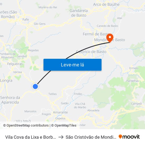 Vila Cova da Lixa e Borba de Godim to São Cristóvão de Mondim de Basto map