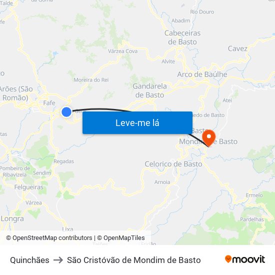 Quinchães to São Cristóvão de Mondim de Basto map