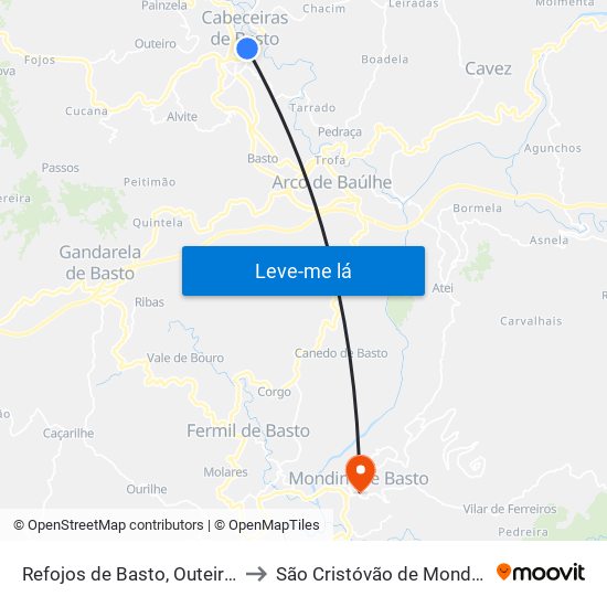 Refojos de Basto, Outeiro e Painzela to São Cristóvão de Mondim de Basto map