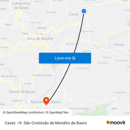 Cavez to São Cristóvão de Mondim de Basto map