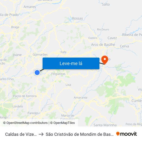 Caldas de Vizela to São Cristóvão de Mondim de Basto map