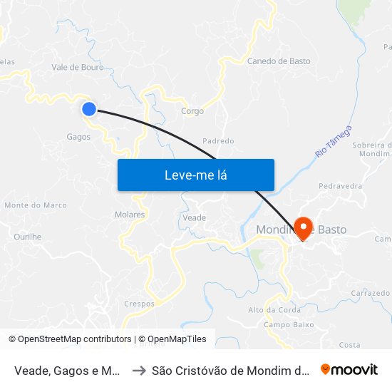 Veade, Gagos e Molares to São Cristóvão de Mondim de Basto map