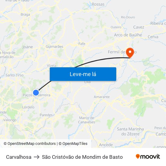 Carvalhosa to São Cristóvão de Mondim de Basto map