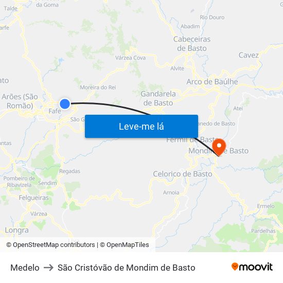 Medelo to São Cristóvão de Mondim de Basto map