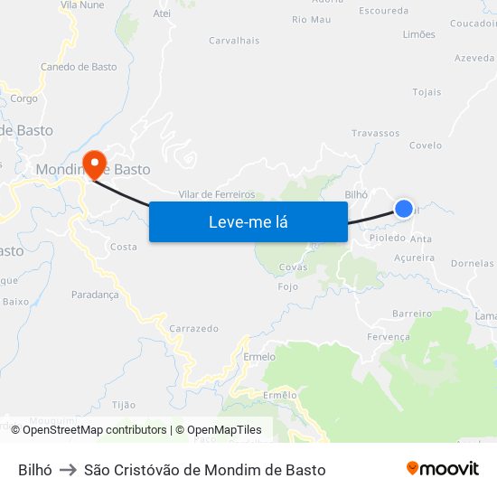 Bilhó to São Cristóvão de Mondim de Basto map